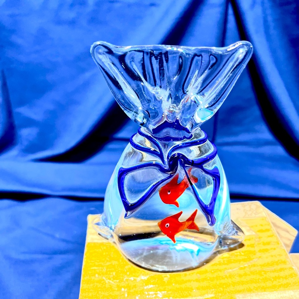 Handmade Glass Bag with 2 Fish, tied with a glass bow. Original piece of artwork